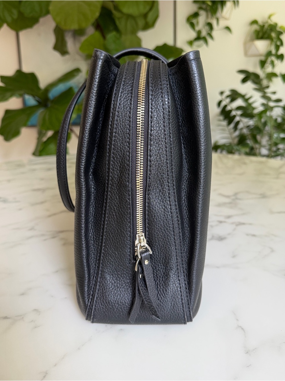 Quince Italian Leather Triple Compartment Work Tote Black Laptop Shoulder Bag - Picture 4 of 14